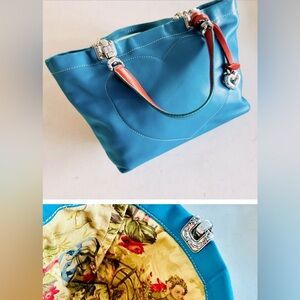 Brighton turquoise with red and toile interior purse